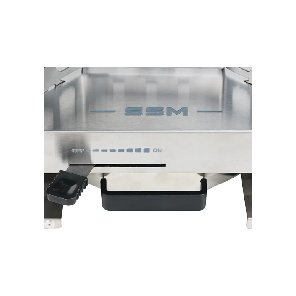 Close-up detail of the SSM brand logo and flame control sliding lever on the ES320 stainless steel ethanol stove, marking the adjustment scale from OFF to ON.