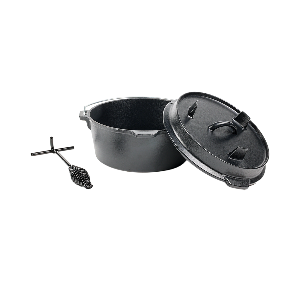 3-piece cast iron Dutch oven set including open cooking pot, dual-purpose skillet lid, and a heavy-duty lid lifter tool.