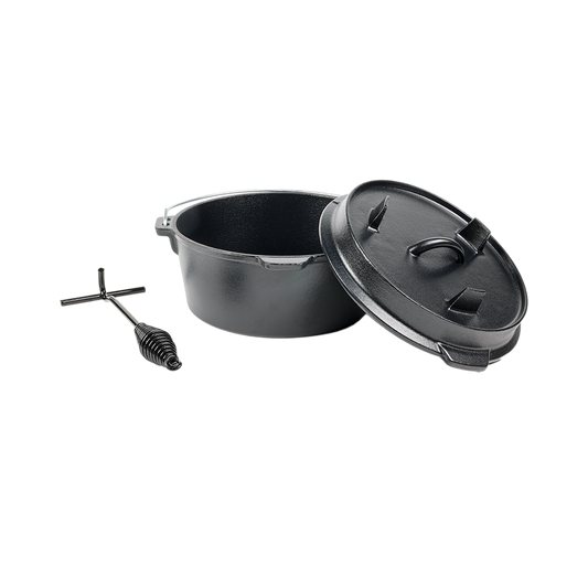 3-piece cast iron Dutch oven set including open cooking pot, dual-purpose skillet lid, and a heavy-duty lid lifter tool.
