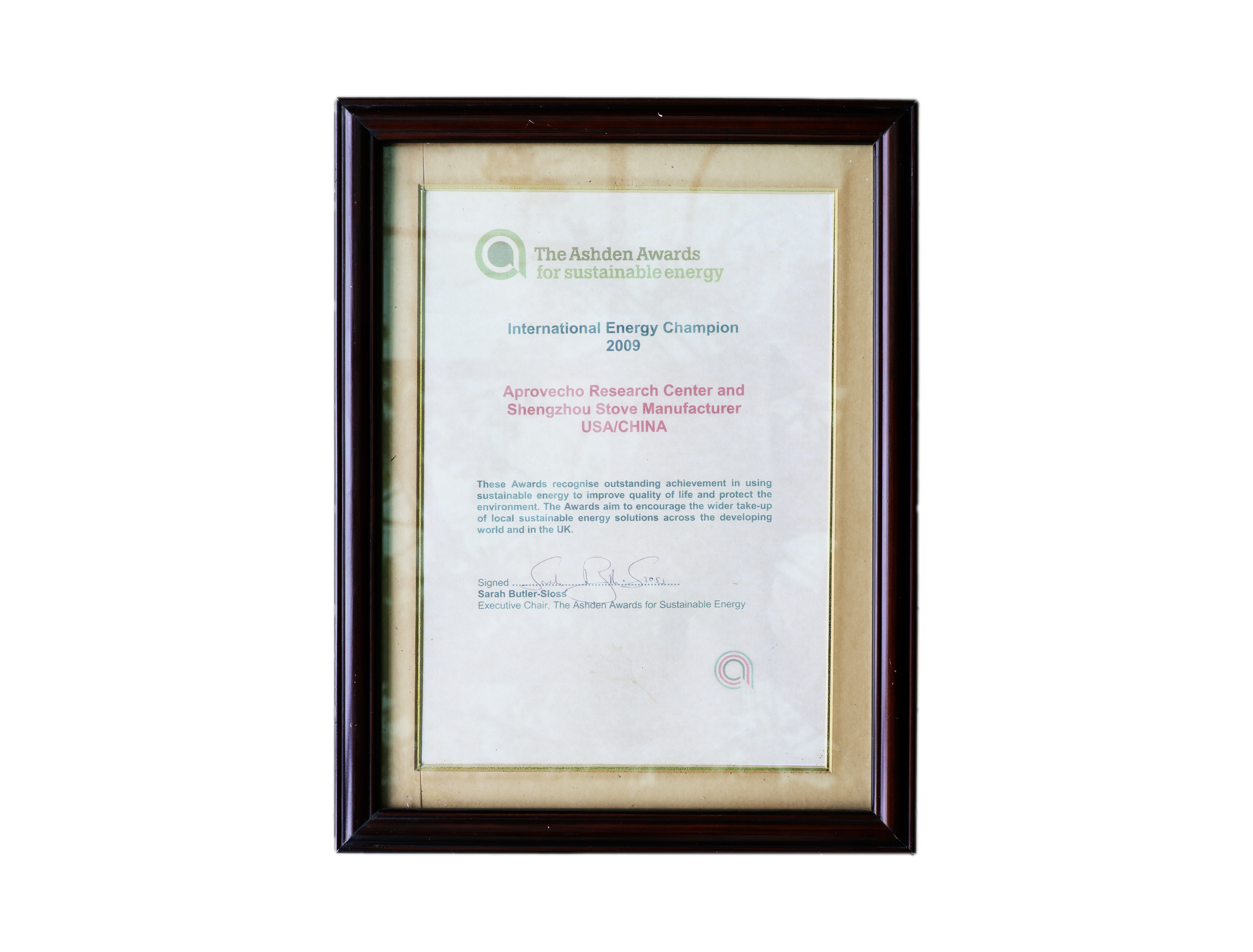 Our award certificate for the 2009 Ashden International Renewable Energy Prize, "International Energy Champion" title.