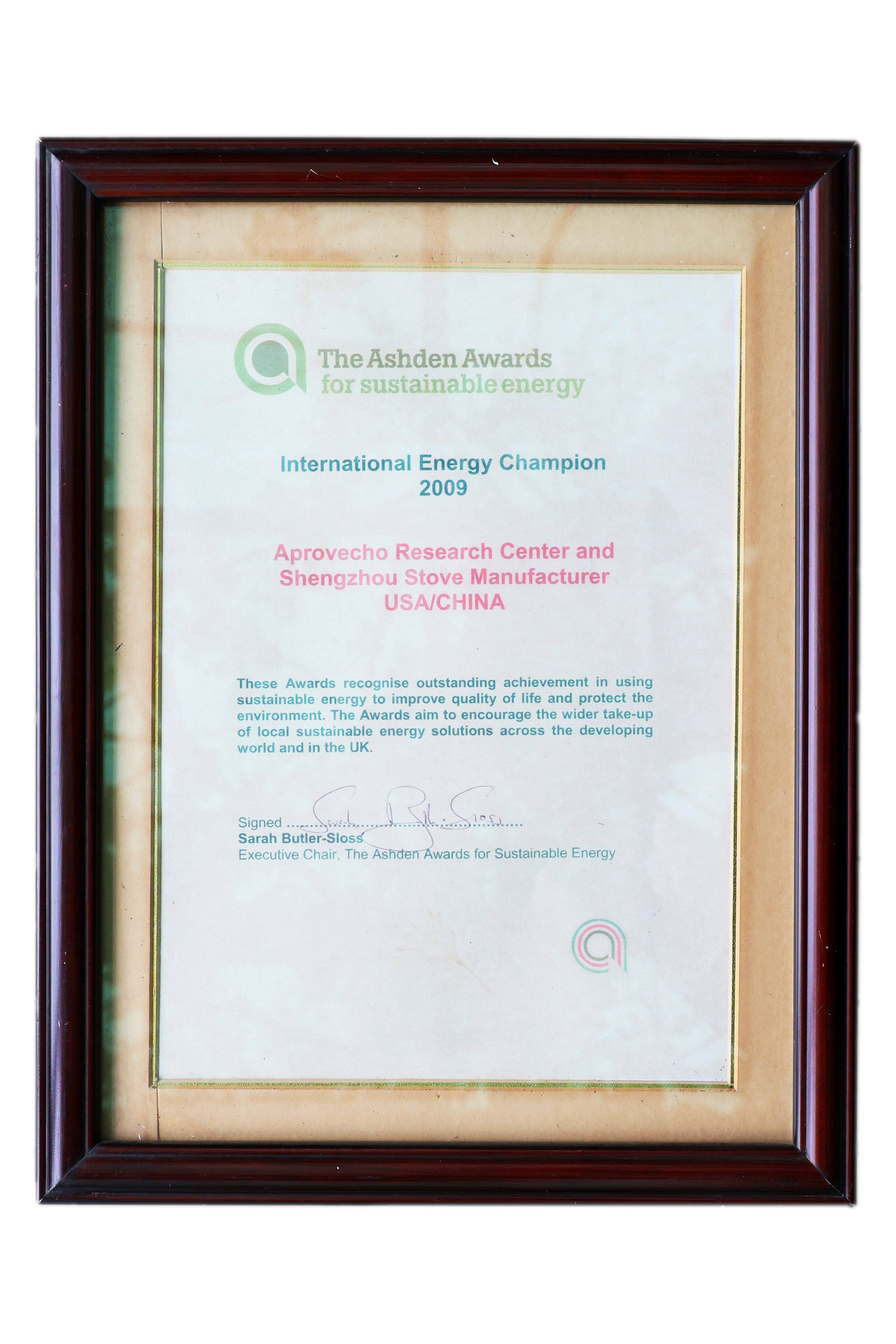 Our award certificate for the 2009 Ashden International Renewable Energy Prize, "International Energy Champion" title.