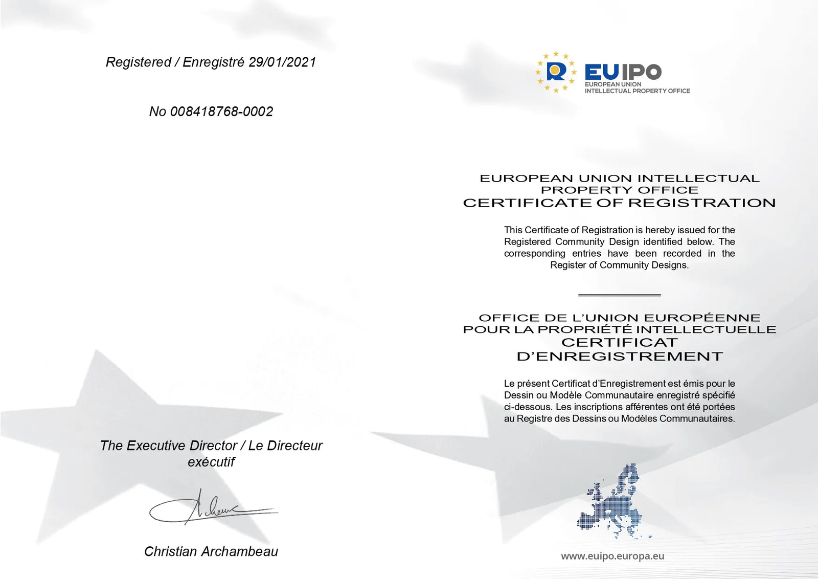 European Union Intellectual Property Office (EUIPO) Certificate of Registration for Registered Community Design No. 008418768-0002. 3