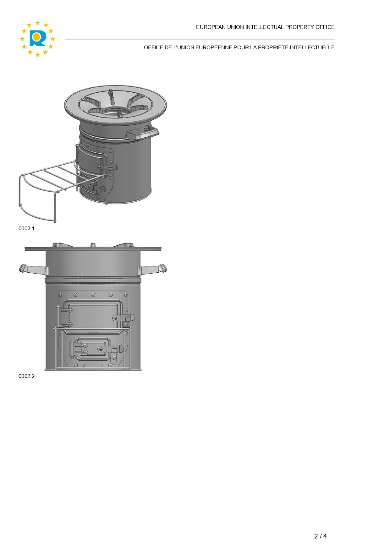 Technical design drawings showing views 0002.1 and 0002.2 of the SSM stove with pot rack from the EUIPO registration certificate. 1