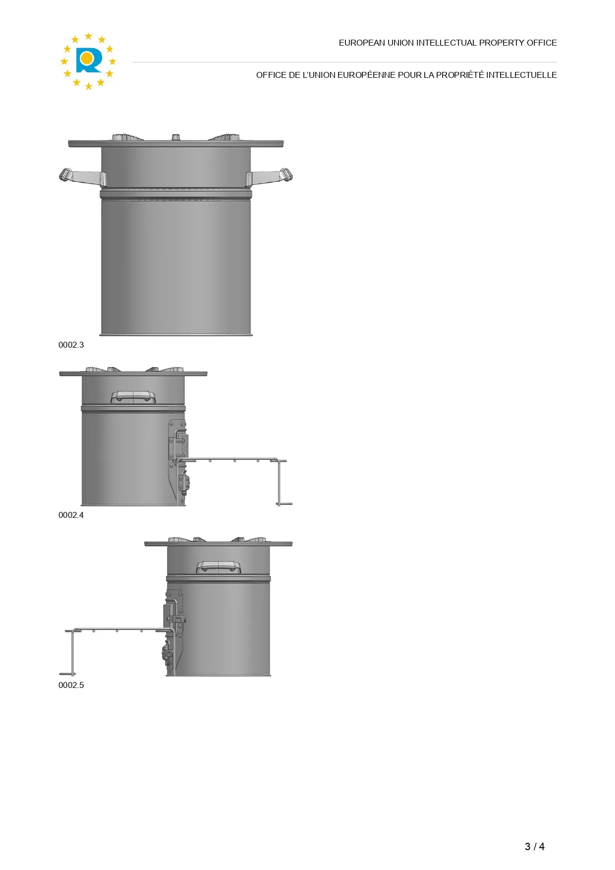 Technical design drawings showing views 0002.3, 0002.4, and 0002.5 of the SSM stove with pot rack from the EUIPO registration certificate. 4