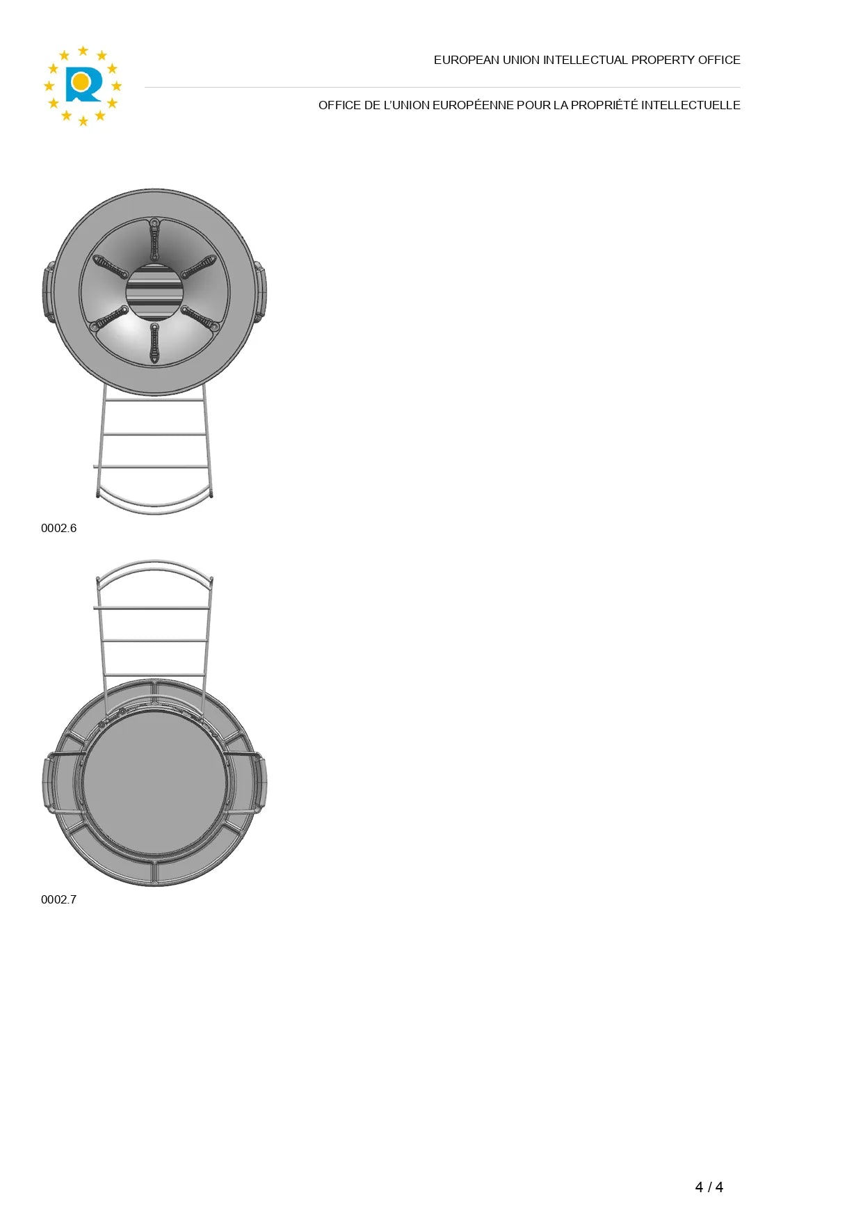 Technical design drawings showing top and bottom views 0002.6 and 0002.7 of the SSM stove with pot rack from the EUIPO registration certificate. 5