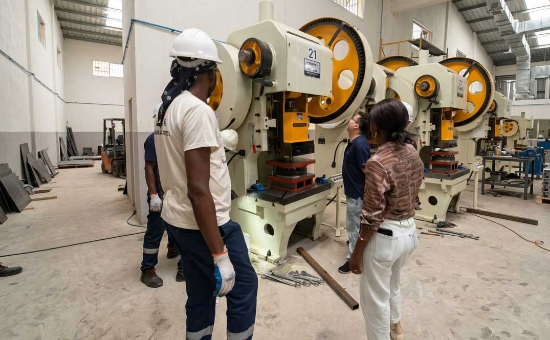 A group of local workers and international team members inspecting large industrial machinery and stamping presses inside a manufacturing workshop during a technology transfer project with SSM (Zhejiang Huiwenmei Stove Co., Ltd.).