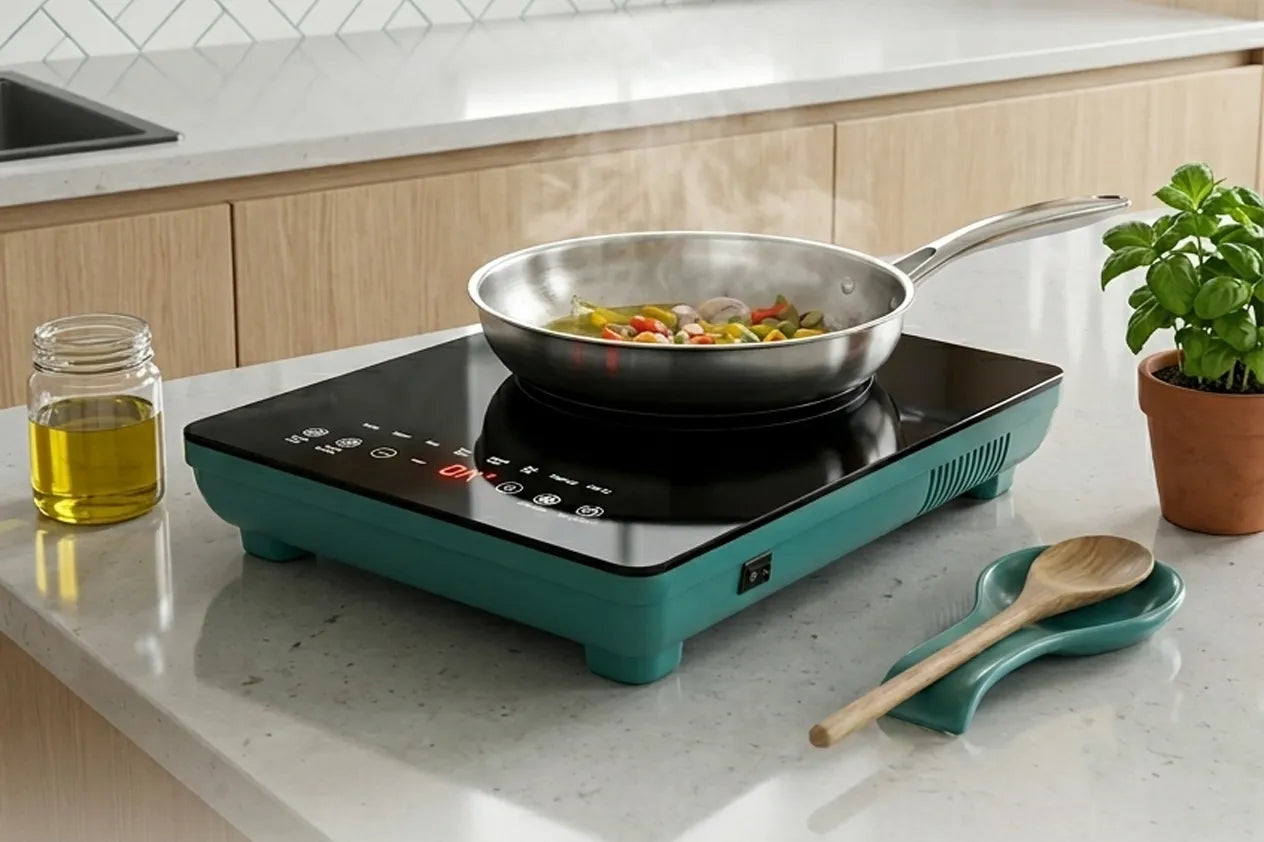 A teal SSM induction cooker on a modern kitchen countertop with a steaming stainless steel pan cooking food.
