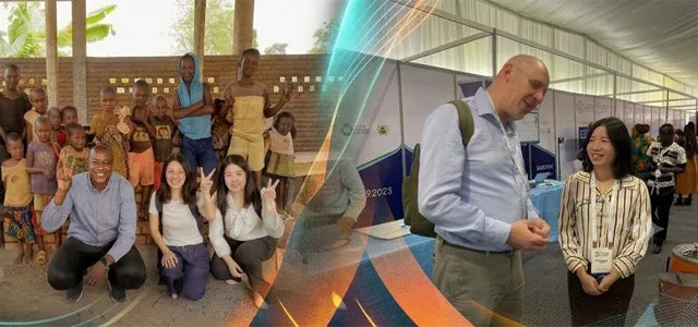 Mobile newsroom banner for SSM, featuring a composite image: the left side shows a team of adults posing with a large group of children in an outdoor village setting, while the right side shows two team members in professional attire engaging with attendees at an indoor conference booth. A central abstract graphic element connects the two scenes.